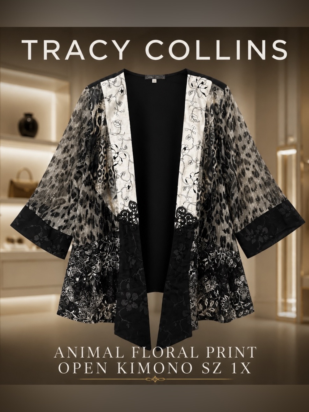 Tracy Collin’s black gray animal floral print open kimono cardigan sz 1X